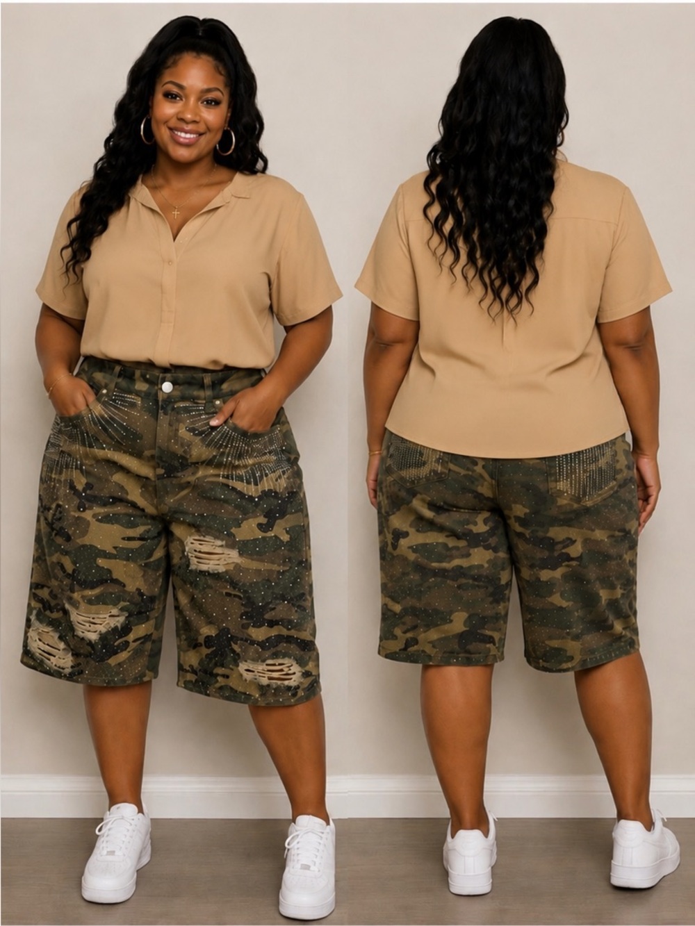 Camouflage Distressed Jorts with Rhinestone Details